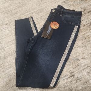 High-Rise Dark Blue Women's Jeans with Rhinestone Side Stripe